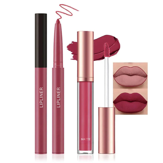 2Pcs Nude Color Matte Liquid Lipstick and Lip Liner Pencil SetsHigh Pigmented Lipstick and Retractable Lipliner for Daily MakeupWomen Long Lasting Smudge Proof Lipstick and Lip Liners Combo Pencil